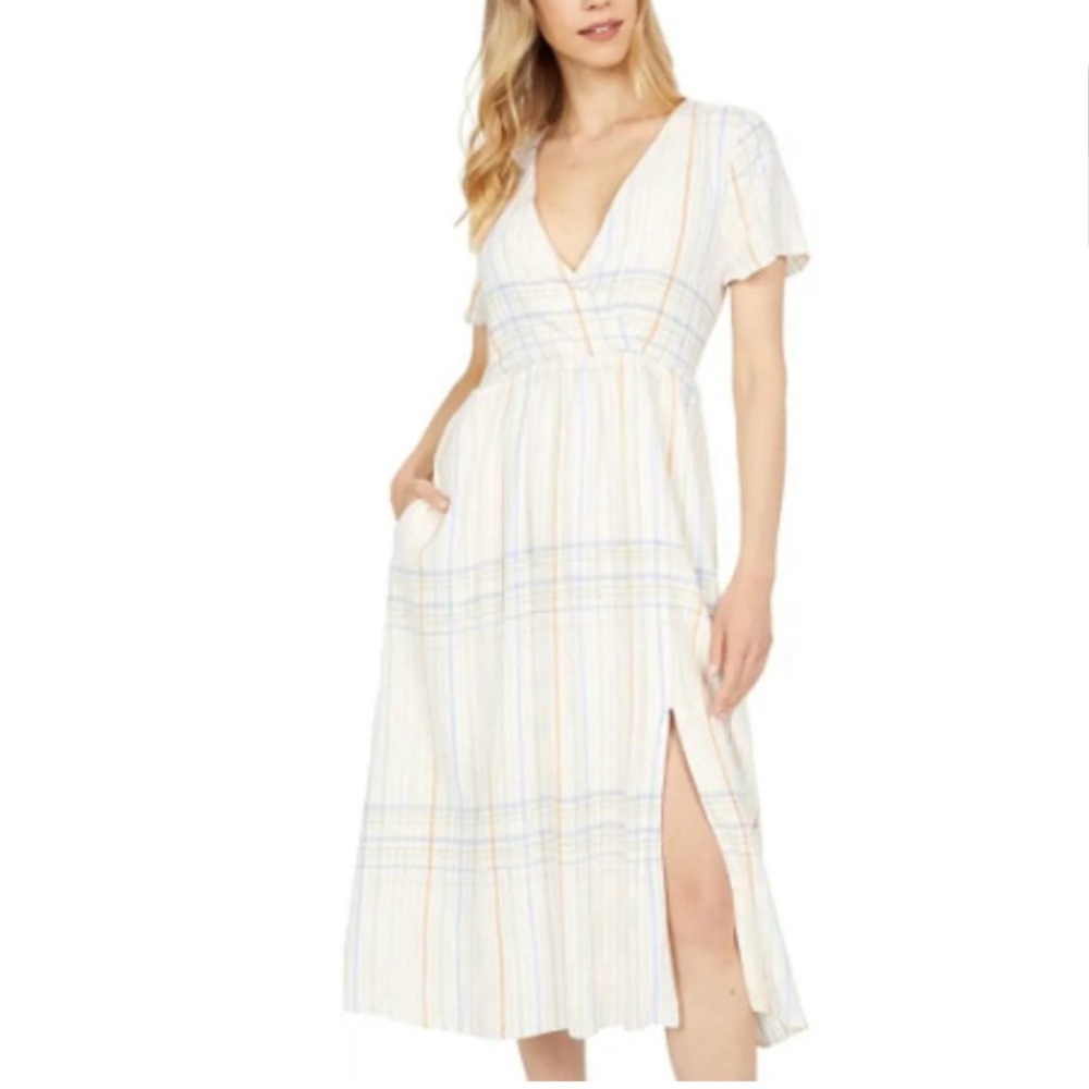 Madewell Clara Midi Dress Pastel Plaid V-Neck Short Sleeve Size S Linen Blend‎